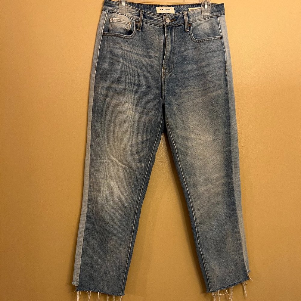 PacSun Mom Jean Women's 28 Blue Two Tone Light Wash Denim High Rise Frayed Hem